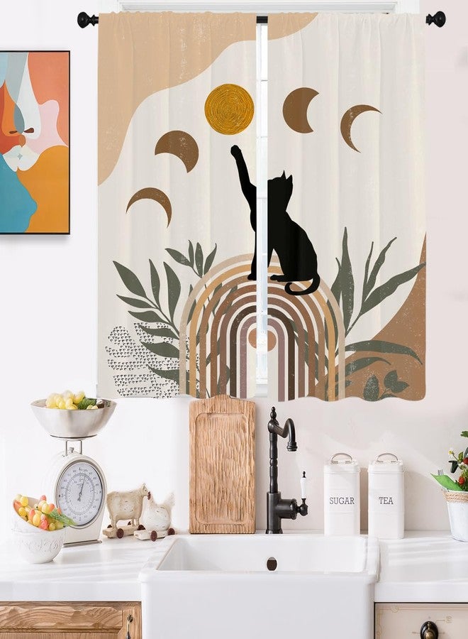 Kikiry Funny Black Cat Kitchen Curtains Mini 27.5'' W x 39'' L Moon Boho Abstract Modern Terracotta Aesthetic Geometric Short Small Cafe Room Window Drapes Treatment Tiers Fabric 1 Pair - Image 1